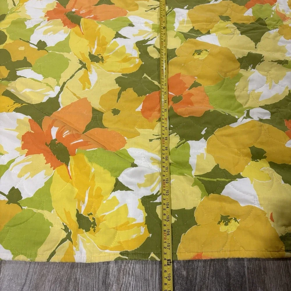 VTG 60s 70s Green Orange Yellow Flower Power Quilted Bedspread 108